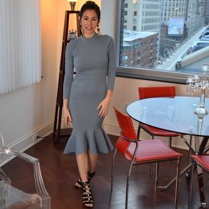 Pinkyotto blue knit dress with ruffle.